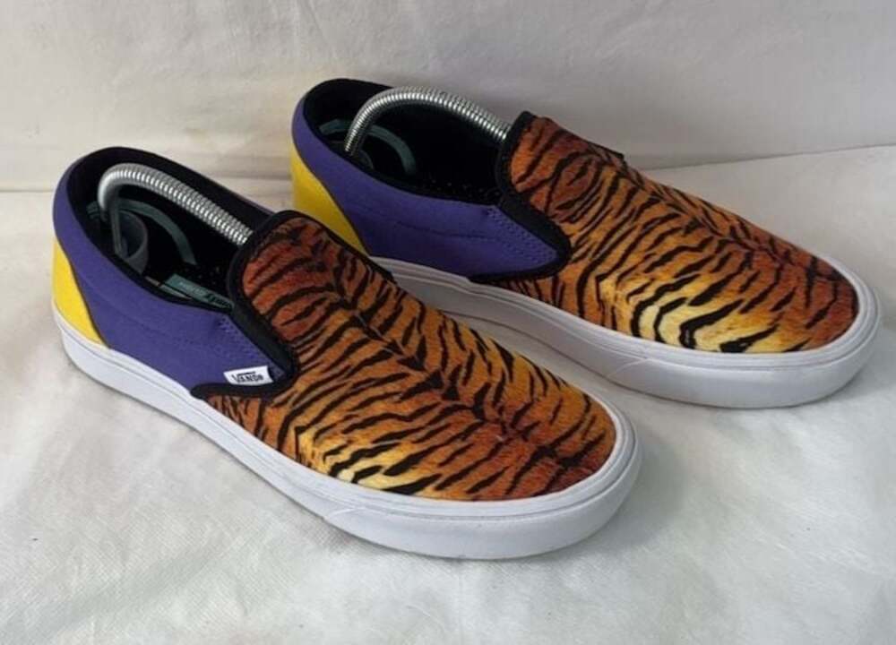 LSU Tigers Vans ComfyCush Slip-On Tiger Print Purple Yellow Shoes Men's‎ 9.5